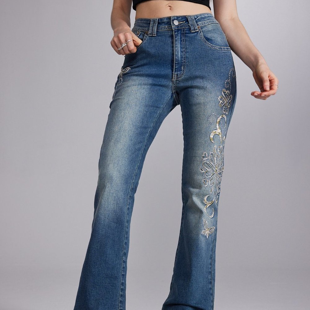 Flare leg Embroidery Jeans, Drop waist Fairycore Butterfly Embroidery flare Jean - Picture 6 of 6
